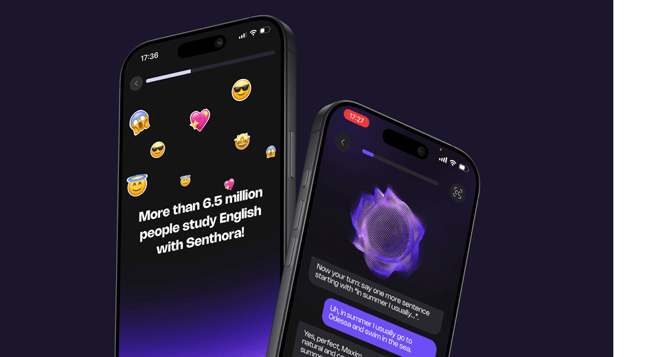 Senthora language-learning mobile app shown on two phones