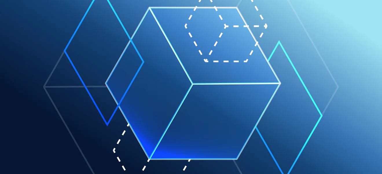 Glowing blue cube among outlined hexagons, cover image for the voice AI agent architecture guide