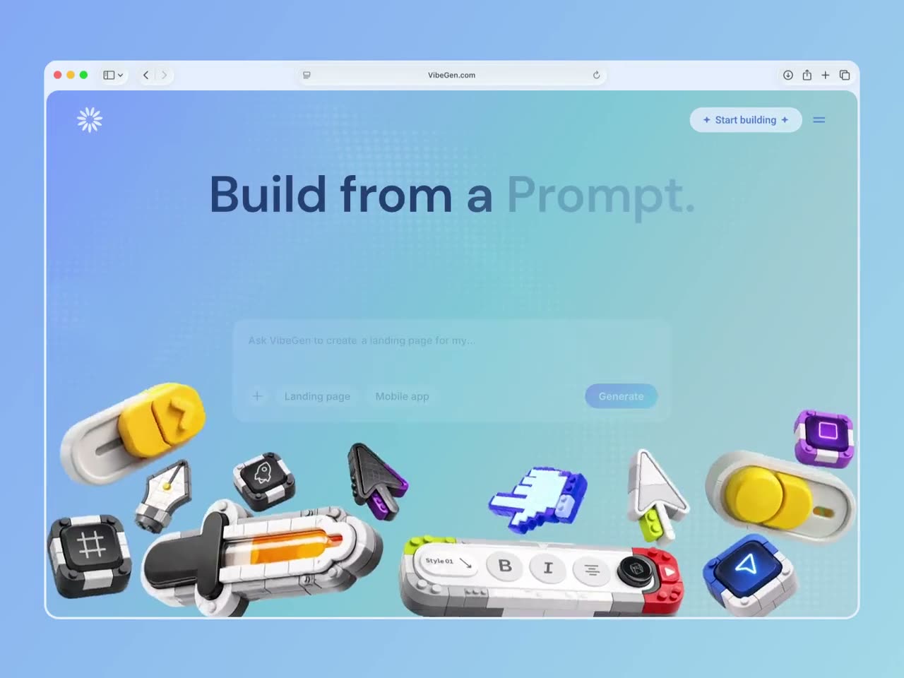 AI website builder landing page with a prompt field
