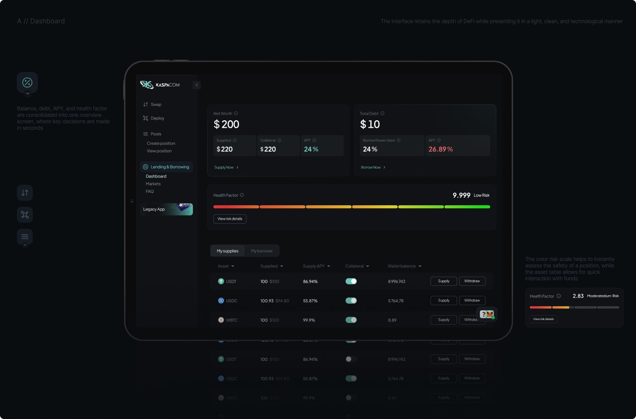 Core platform dashboard of the DeFi product