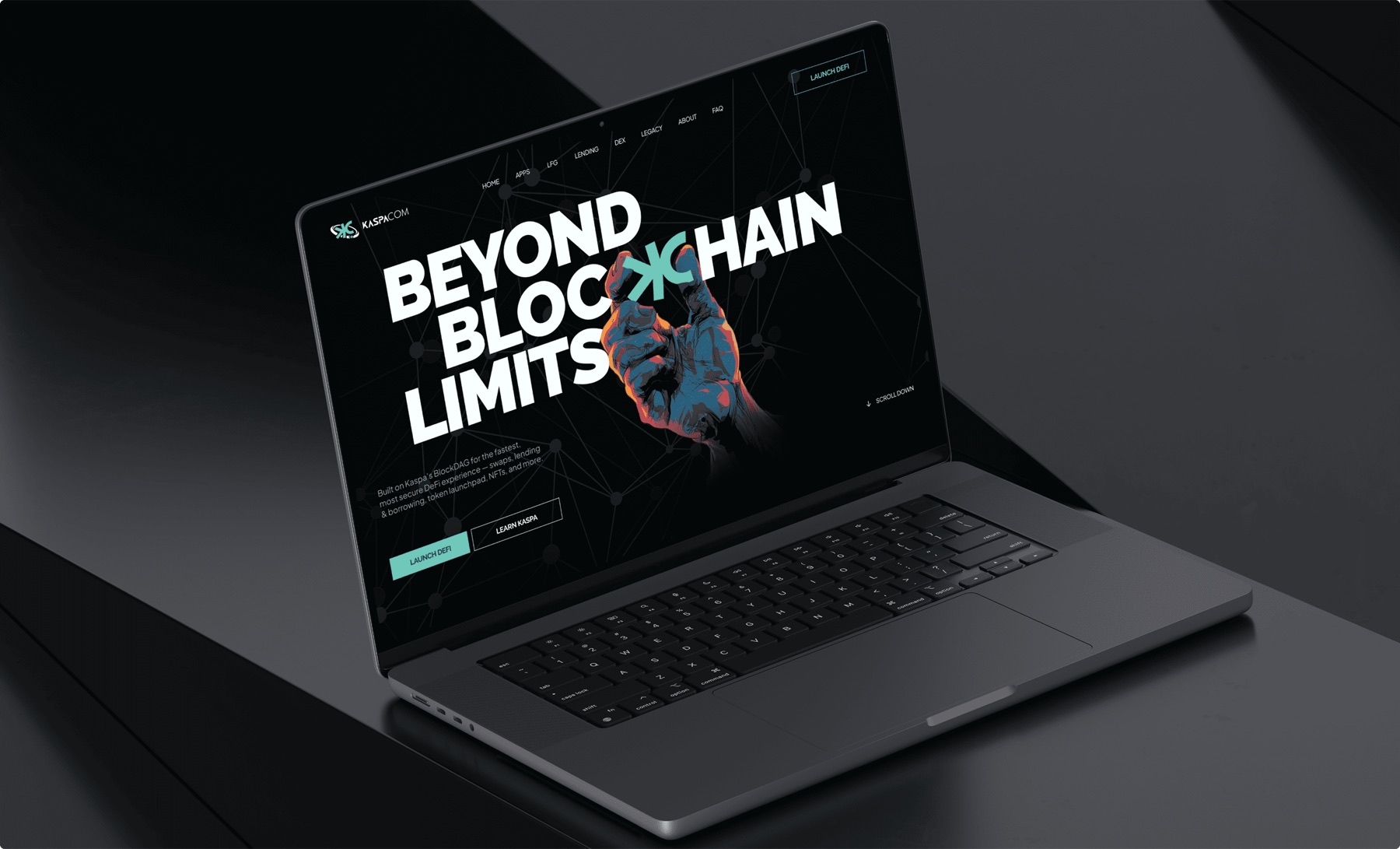 DeFi trading platform landing page on a laptop