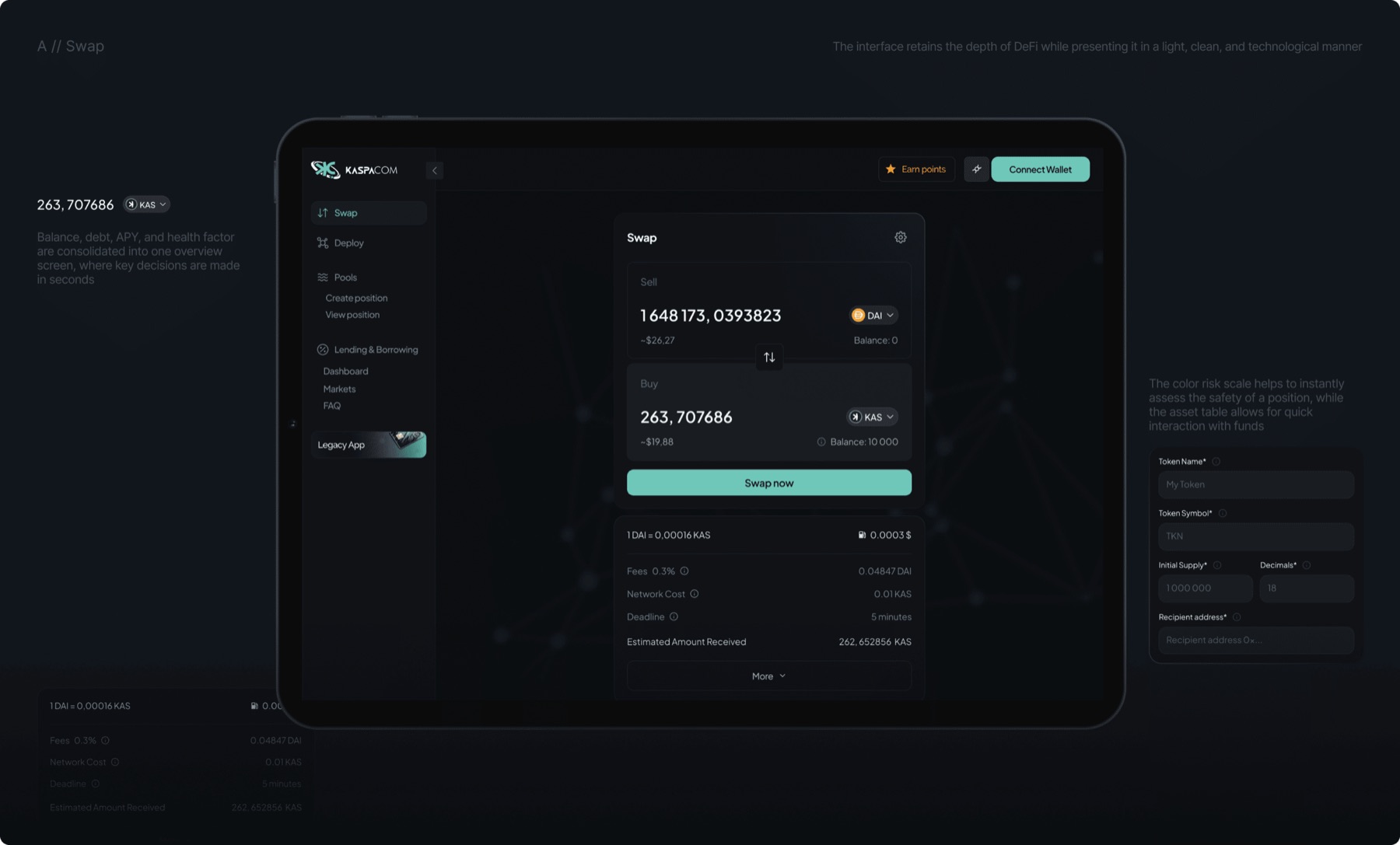 Swap and deploy screens of the DeFi platform