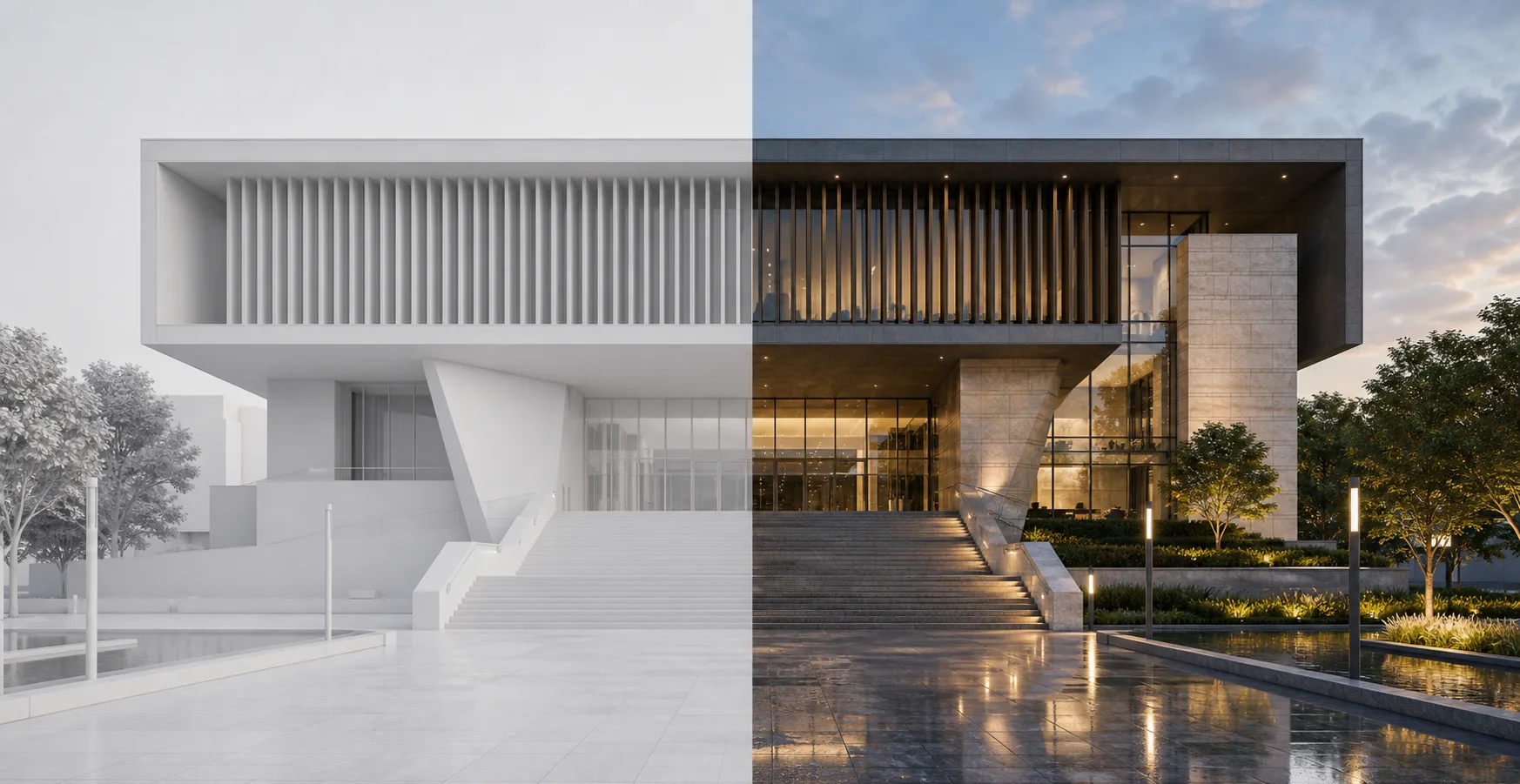 Clay model and finished render of a public building