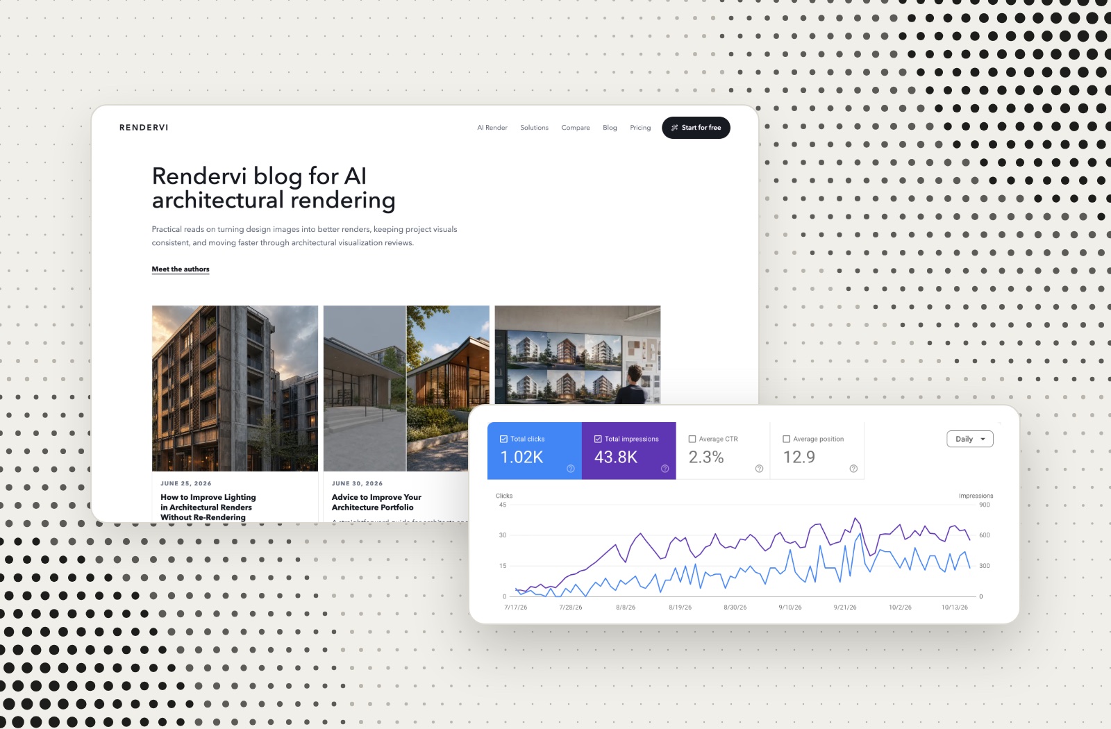 Google Search Console for Rendervi: 1.02K clicks and 43.8K impressions in 3 months, over the Rendervi blog