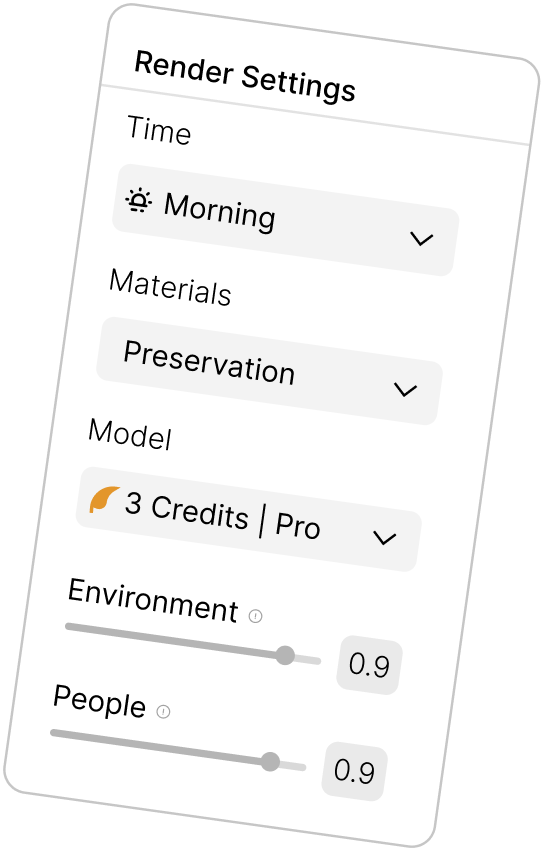 Rendervi render settings panel: time, materials, model, environment and people