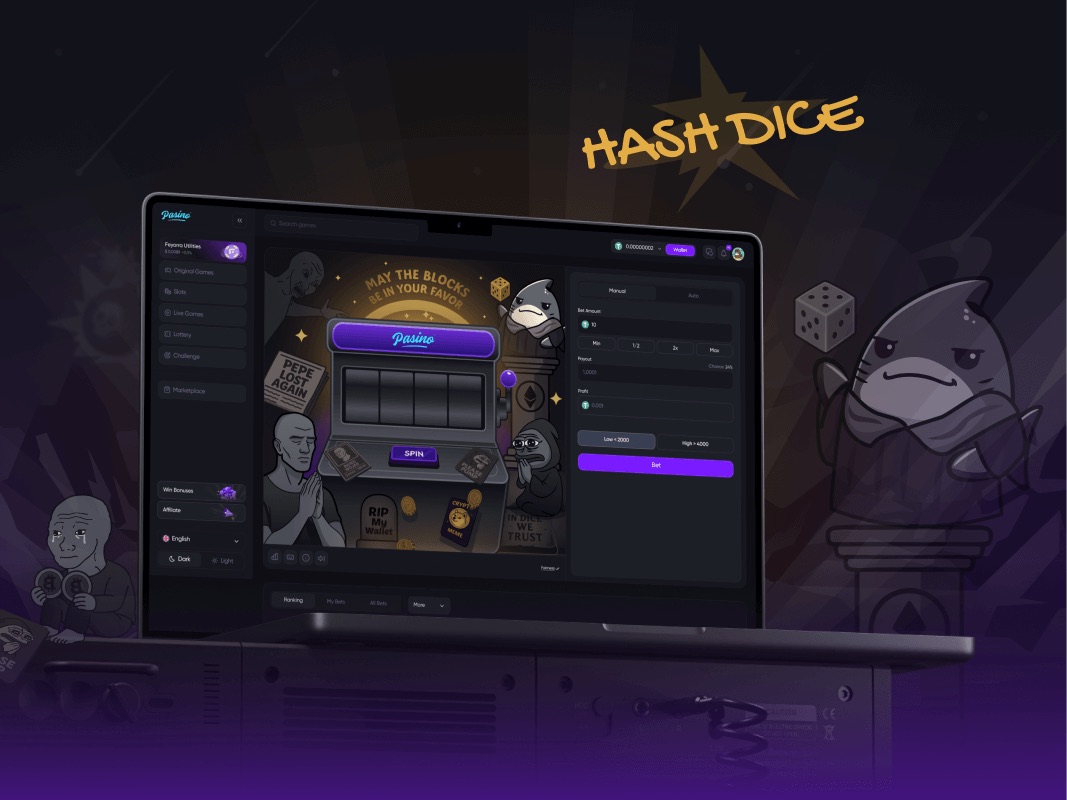 Dice game screen of the crypto casino on a laptop