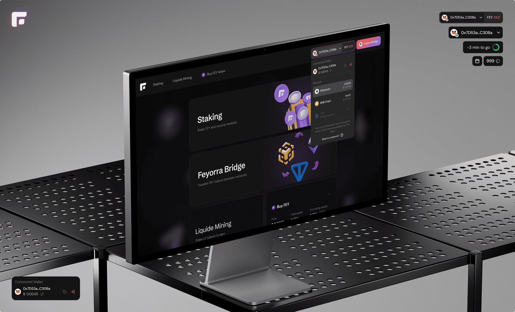 DeFi dashboard with staking, bridge and liquidity mining cards